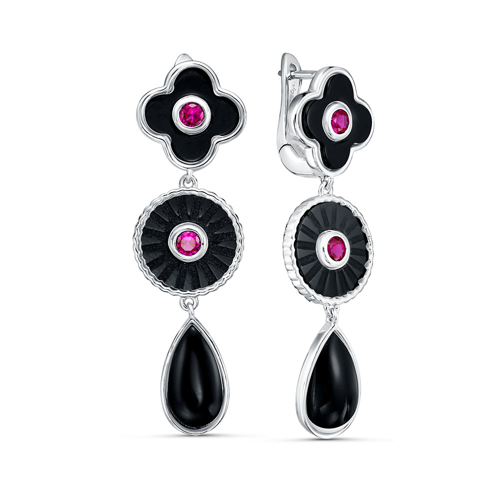 Серьги из серебра с камнем Корунд, Оникс фото, цены