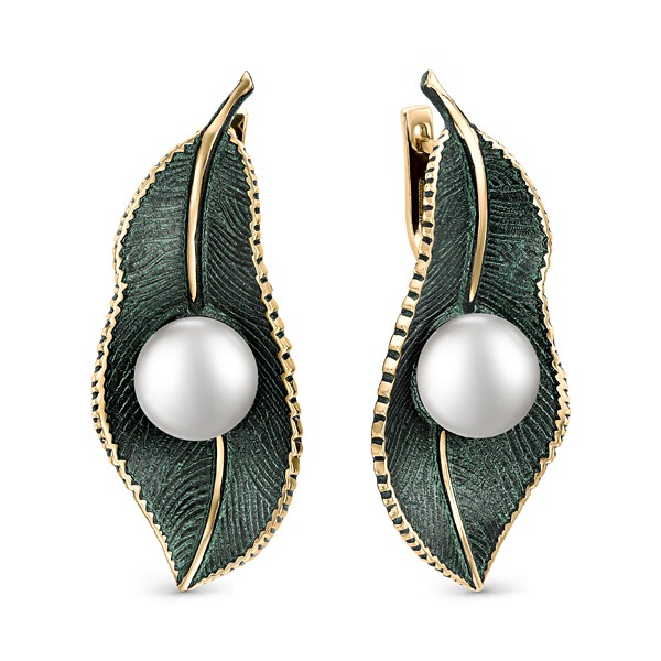 Серьги из серебра с камнем Жемчуг, вставками эмали фото, цены