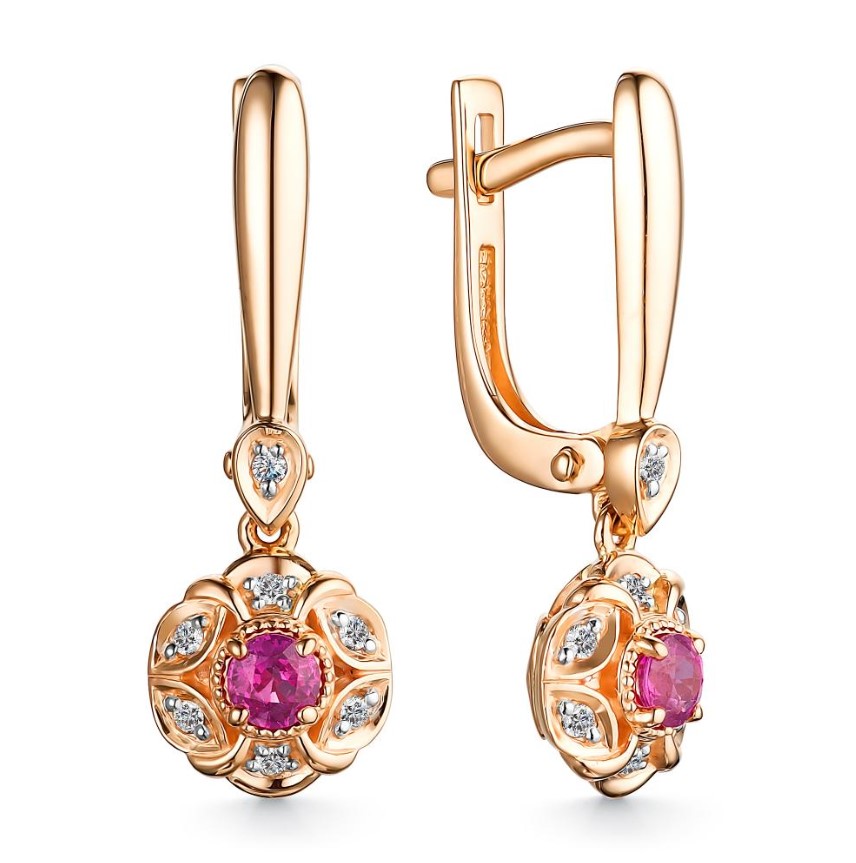 Серьги из золота с камнем Бриллиант, Рубин фото, цены