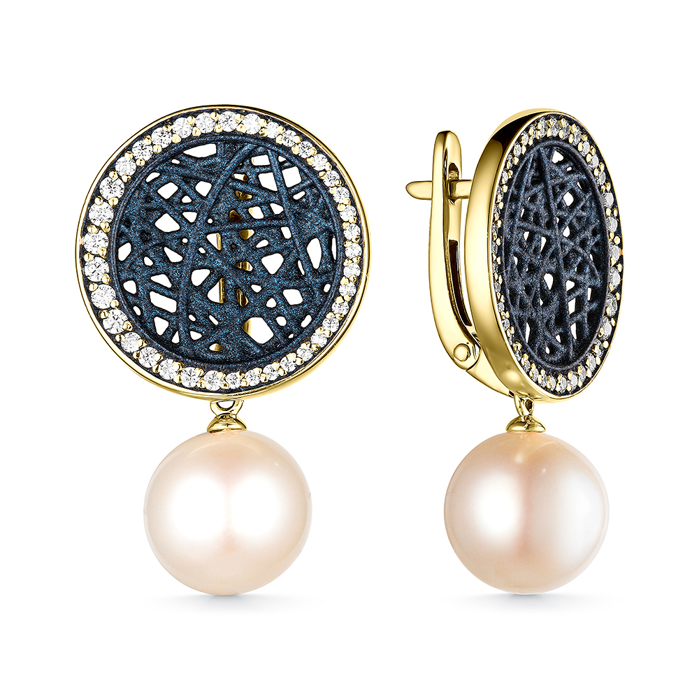 Серьги из серебра с камнем Жемчуг, Фианит, вставками эмали фото, цены