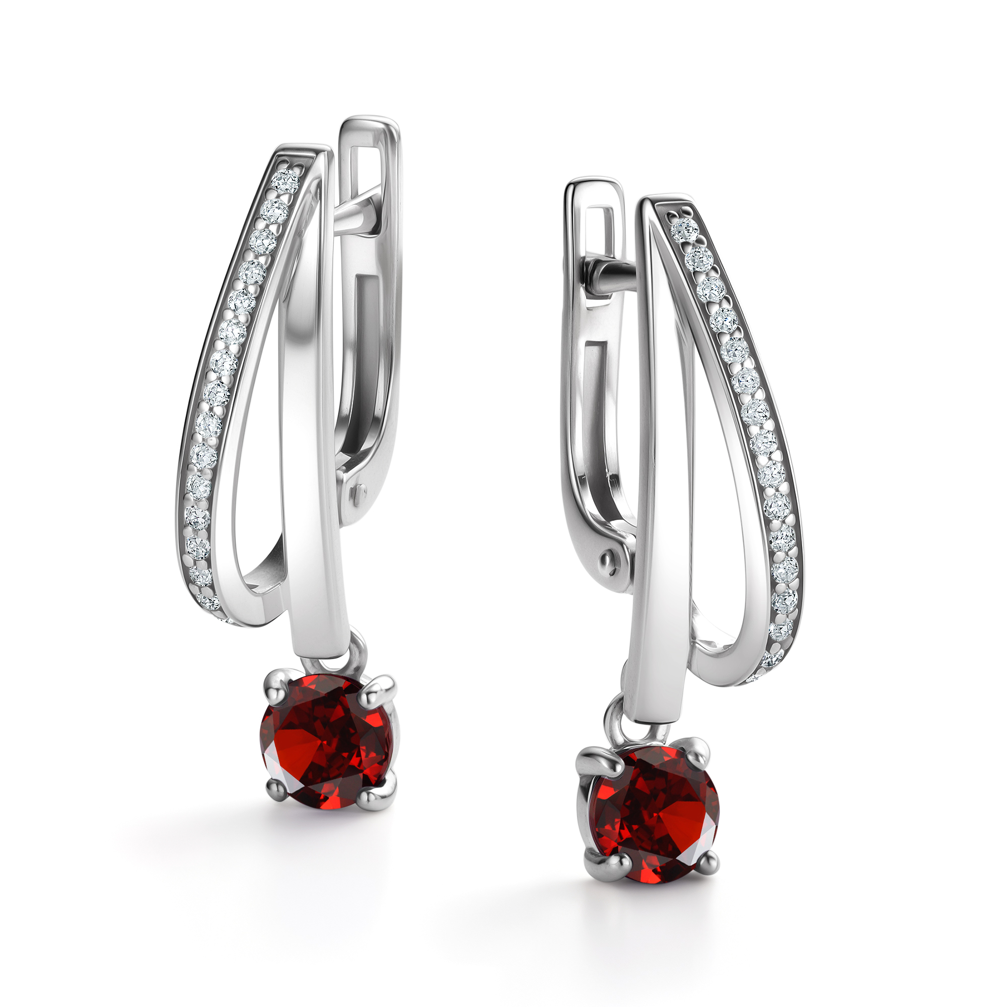 Серьги из серебра с камнем Гранат, Фианит фото, цены