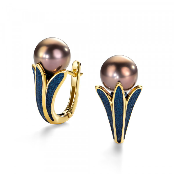 Серьги из серебра с камнем Жемчуг, вставками эмали фото, цены