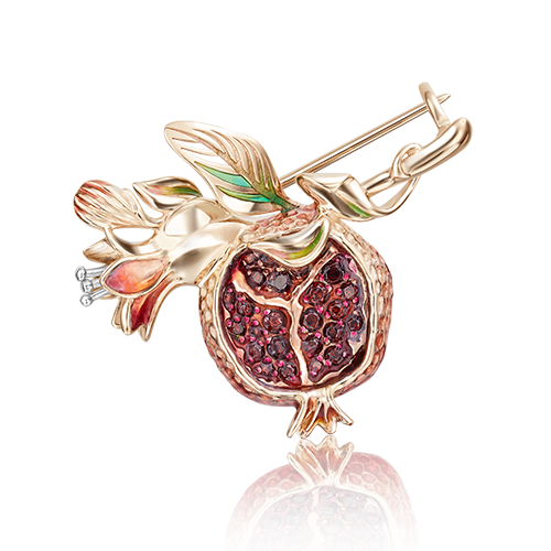 Брошь из золота с камнем Гранат, вставками эмали фото, цены