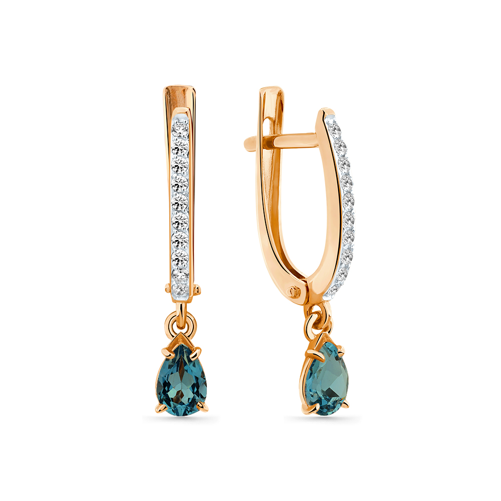 Серьги из золота с камнем Лондон топаз, Фианит фото, цены