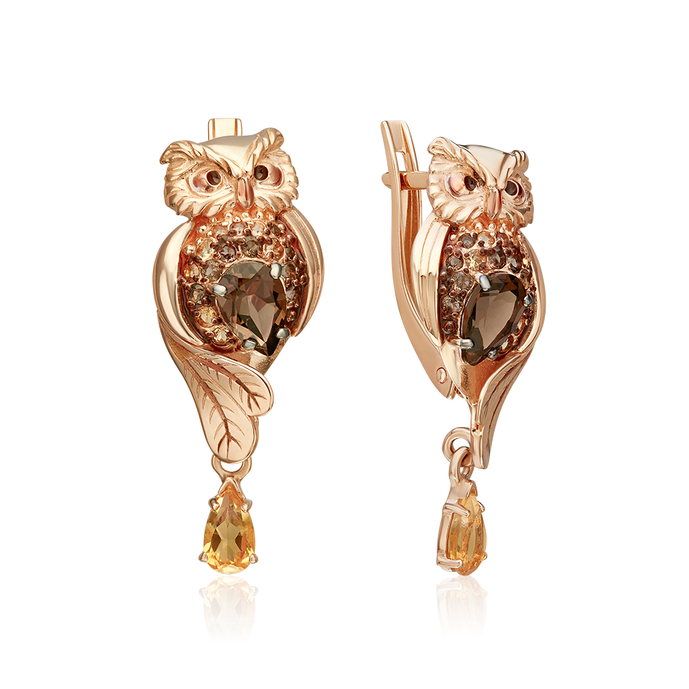 Серьги из золота с камнем Цитрин, Кварц, вставками эмали фото, цены