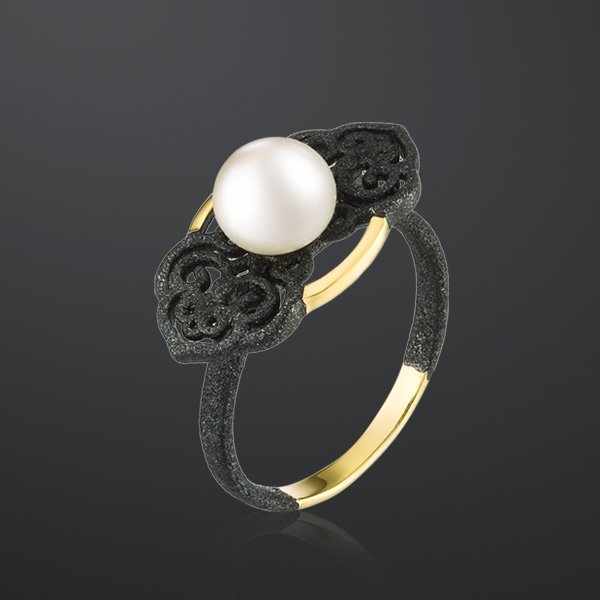 Кольцо из серебра с камнем Жемчуг, вставками эмали фото, цены