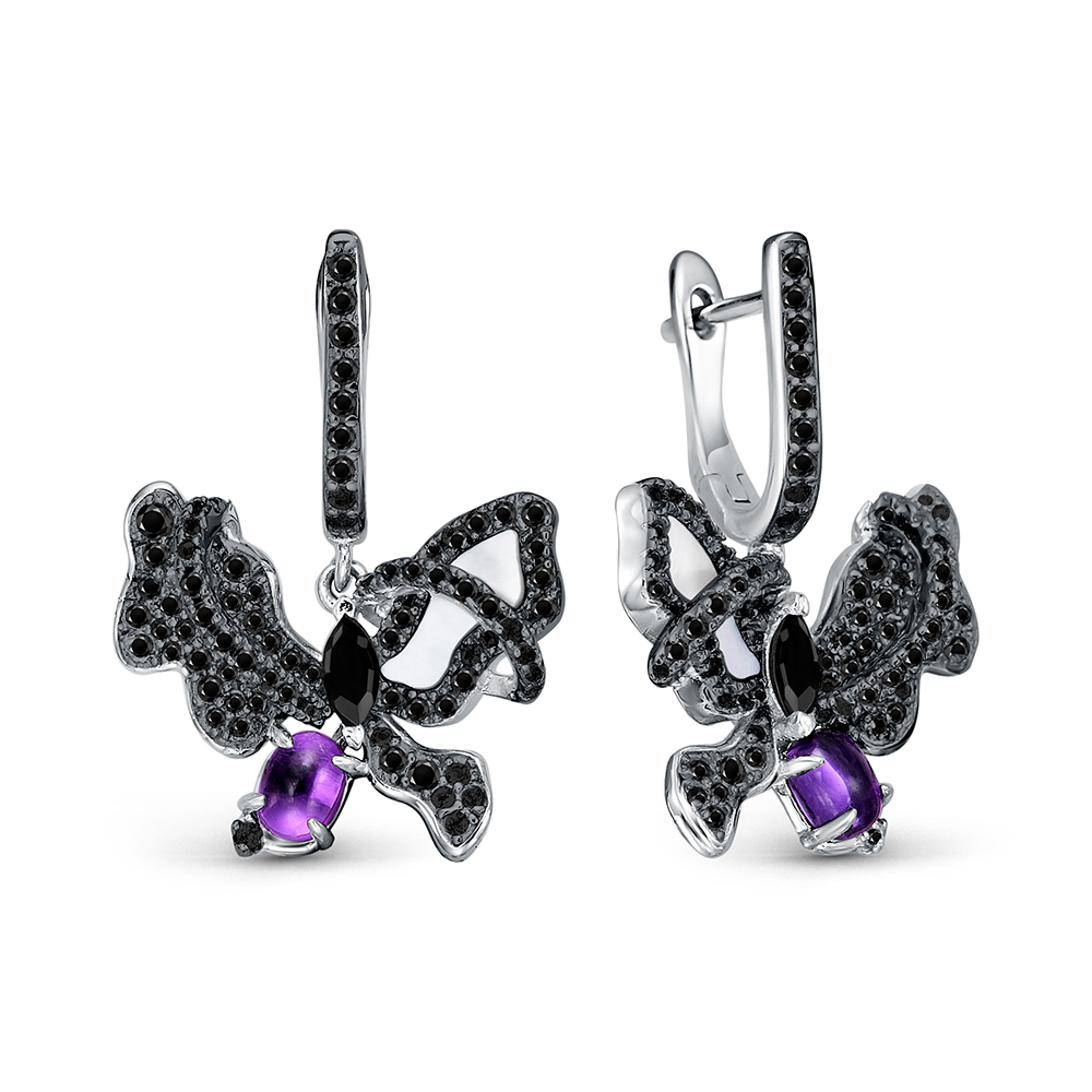 Серьги из серебра с камнем аметист, Перламутр, Шпинель фото, цены