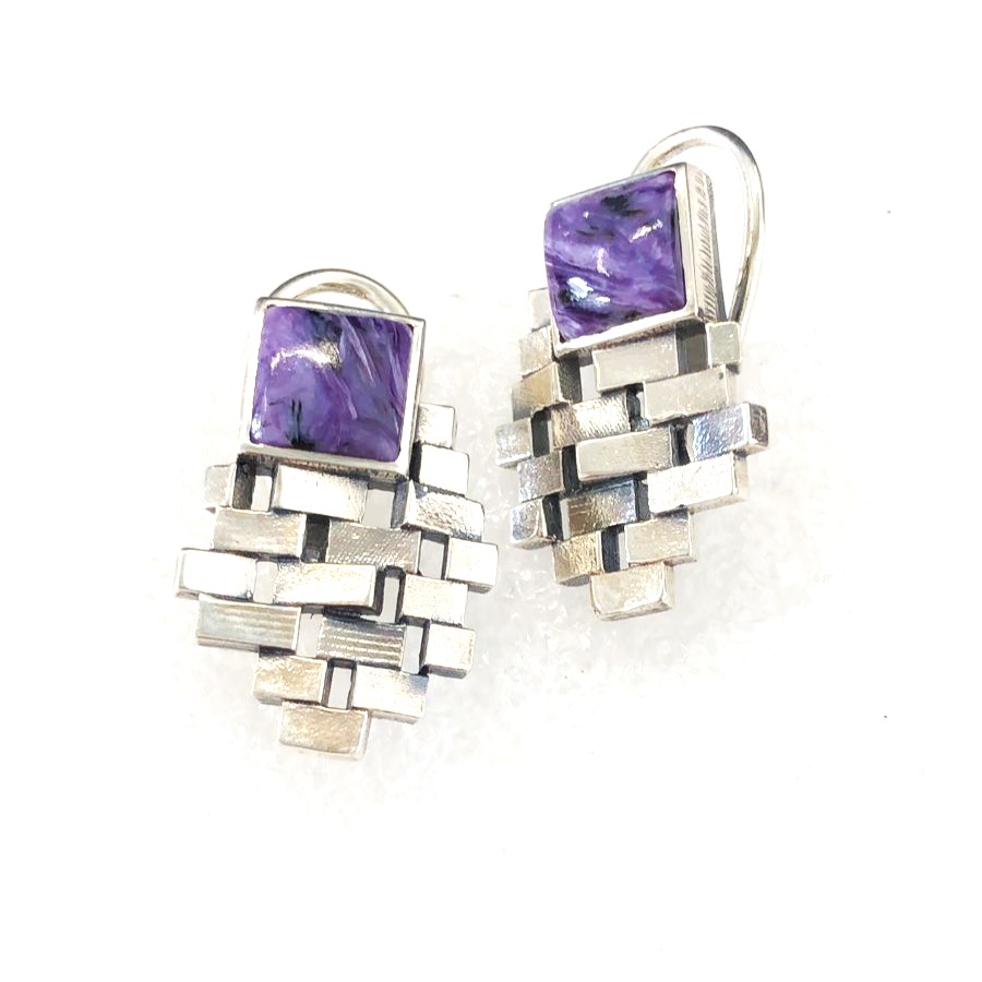 Серьги из серебра с камнем Чароит фото, цены