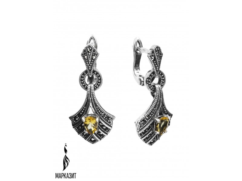 Серьги из серебра с камнем Султанит, Марказит фото, цены