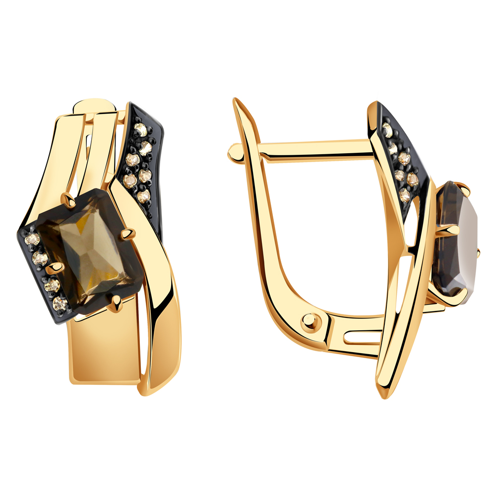 Серьги из золота с камнем Раухтопаз, Фианит фото, цены