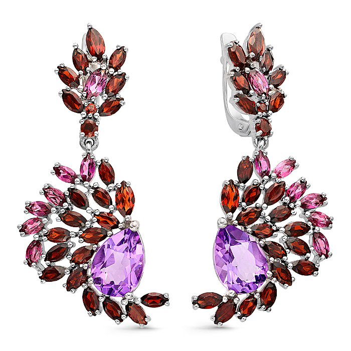 Серьги из серебра с камнем аметист, Родолит, Гранат фото, цены