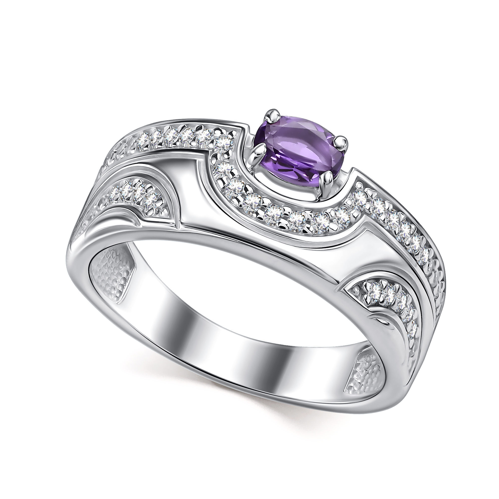 Кольцо из серебра с камнем аметист, Фианит фото, цены