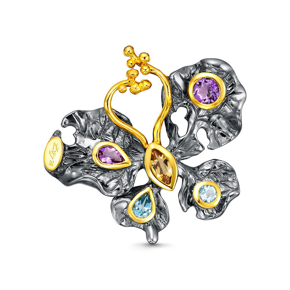 Брошь из серебра с камнем Топаз, аметист, Цитрин фото, цены