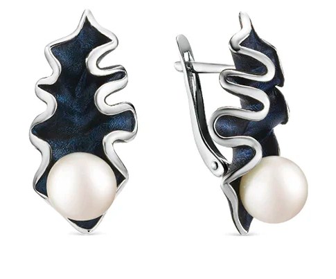 Серьги из серебра с камнем Жемчуг, вставками эмали фото, цены