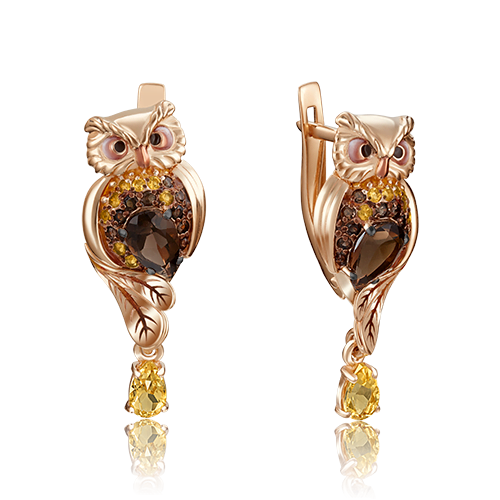 Серьги из золота с камнем Цитрин, Кварц, вставками эмали фото, цены