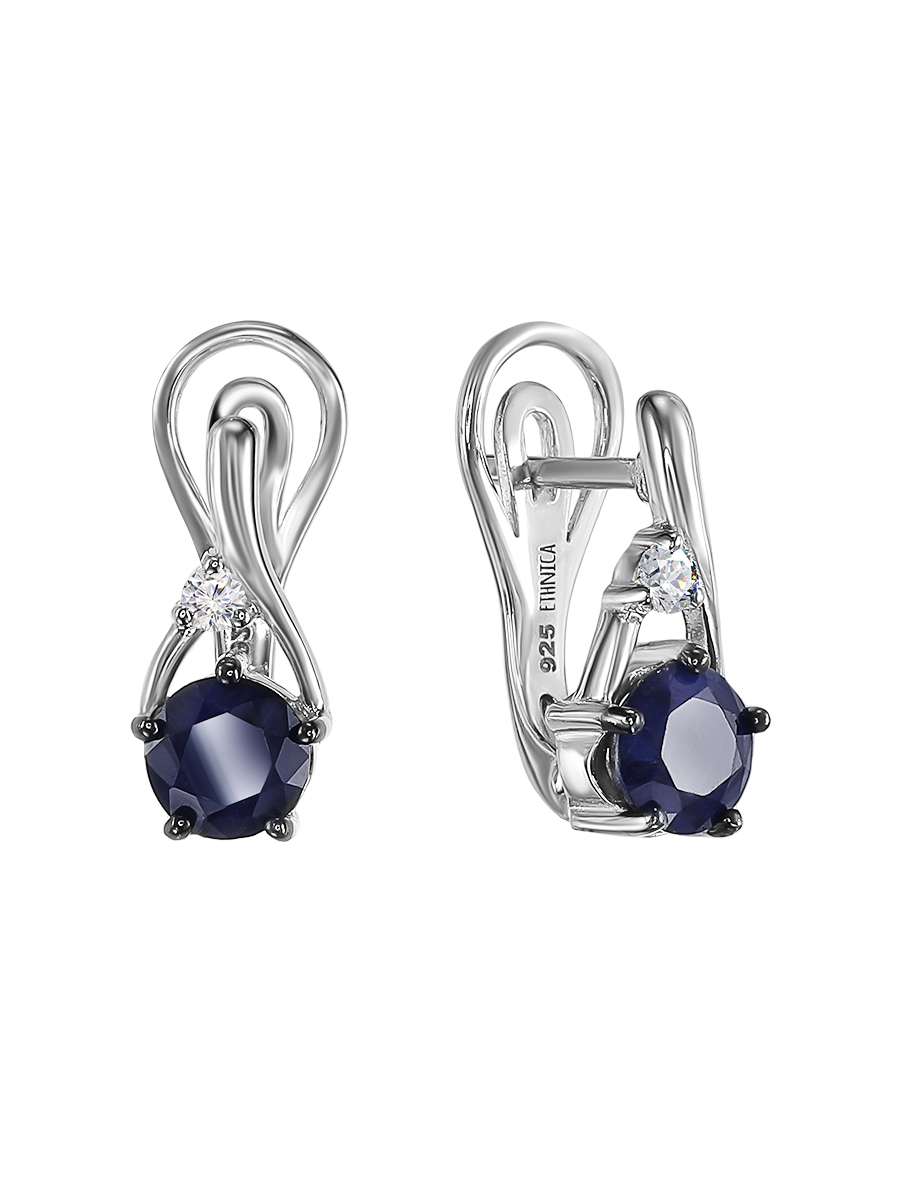 Серьги из серебра с камнем Фианит, Сапфир фото, цены
