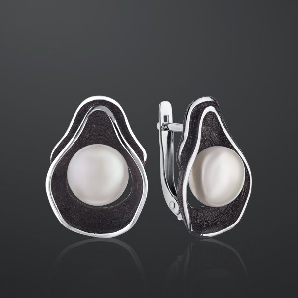 Серьги из серебра с камнем Жемчуг, вставками эмали фото, цены