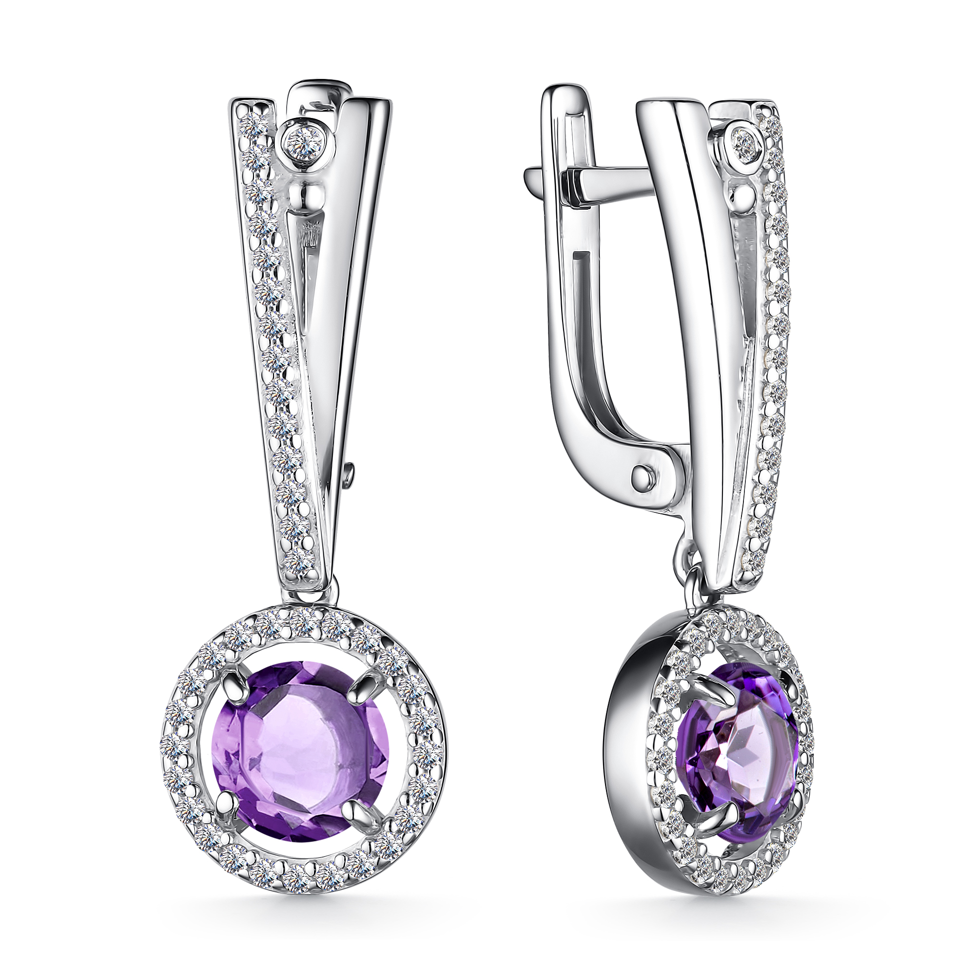 Серьги из серебра с камнем аметист, Фианит фото, цены