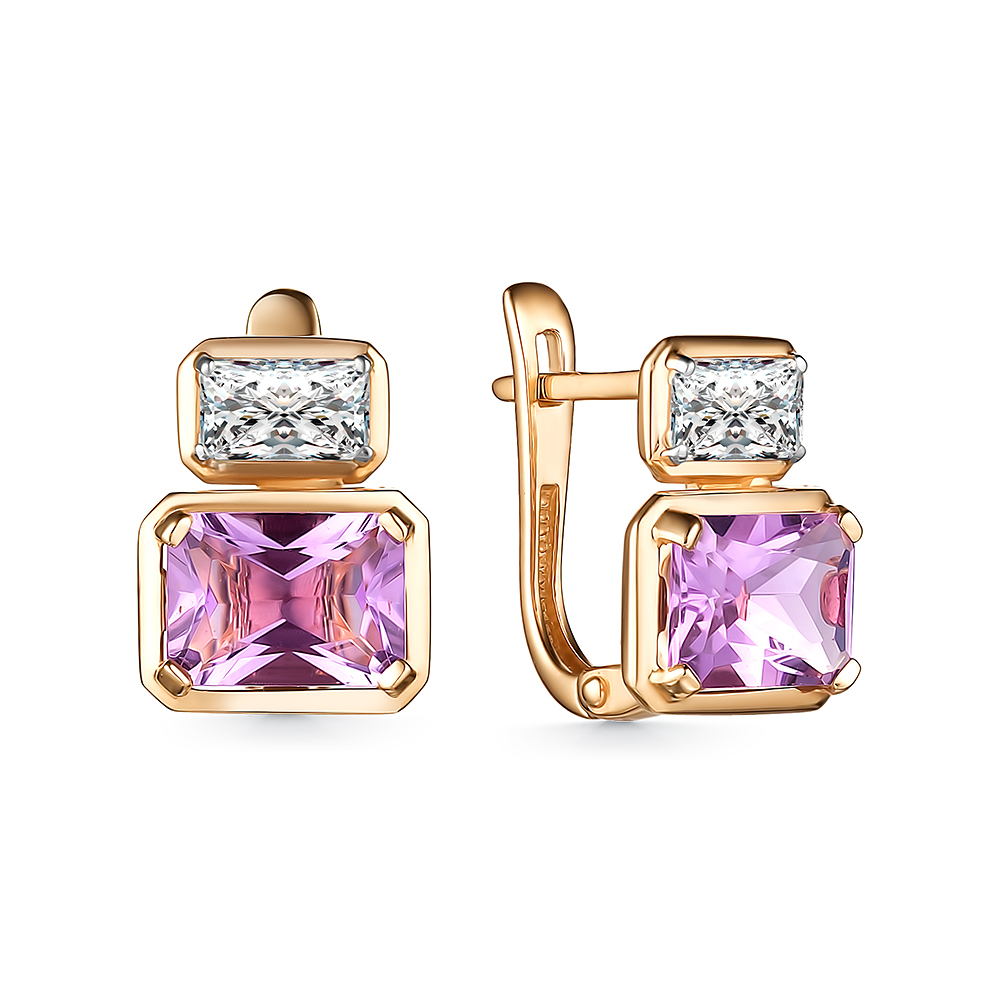 Серьги из золота с камнем аметист, Фианит фото, цены