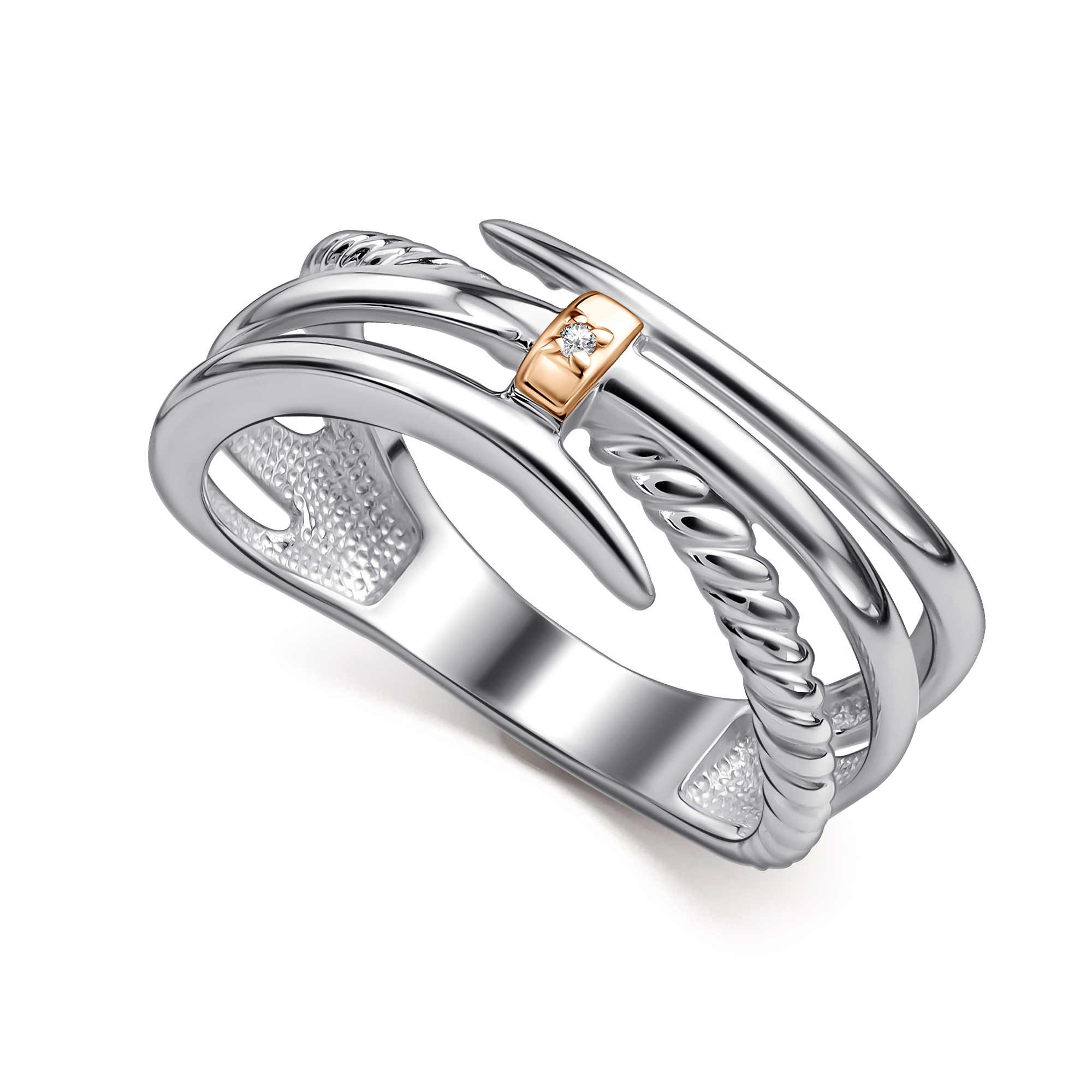 Кольцо из серебра с камнем Бриллиант, вставками золота фото, цены