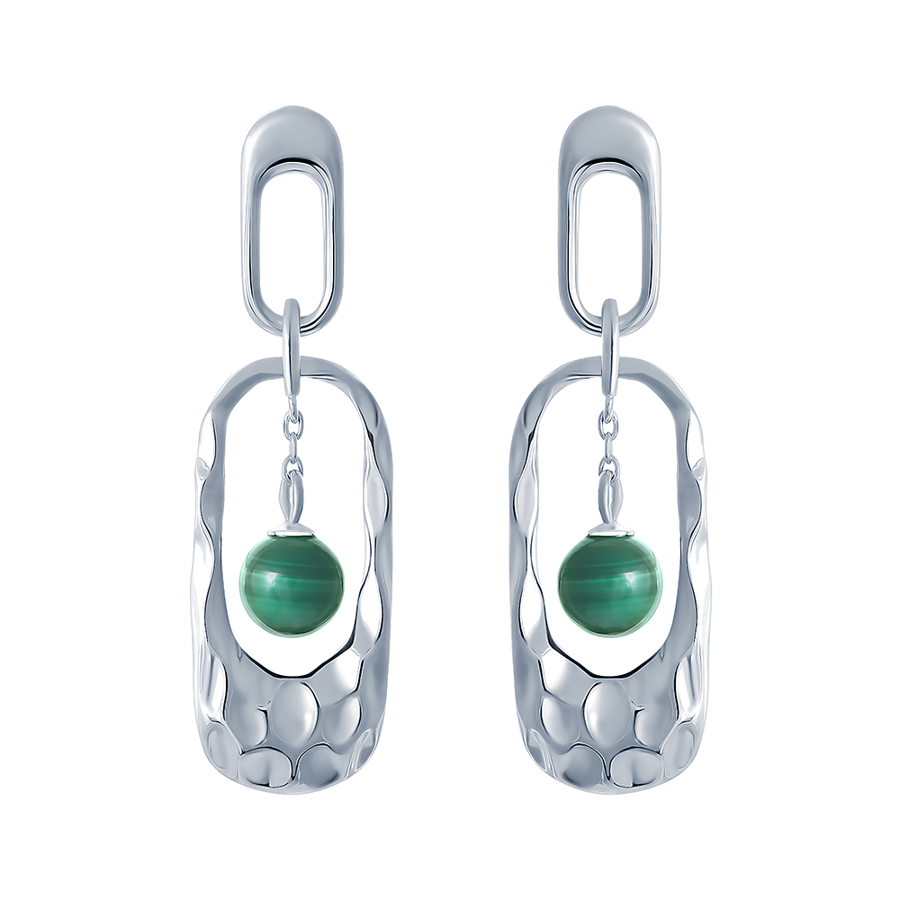 Серьги из серебра с камнем Малахит фото, цены