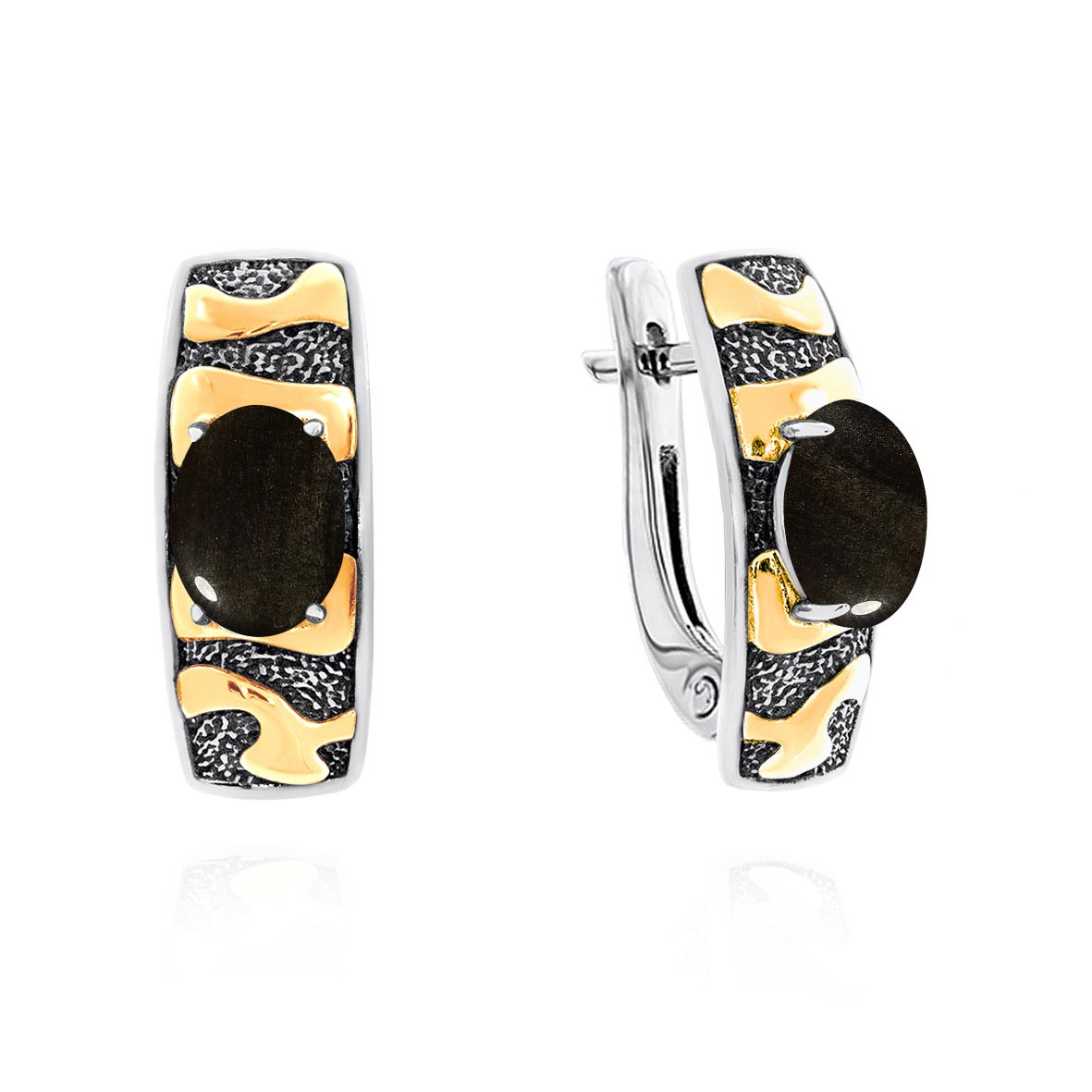 Серьги из серебра с камнем Обсидиан фото, цены