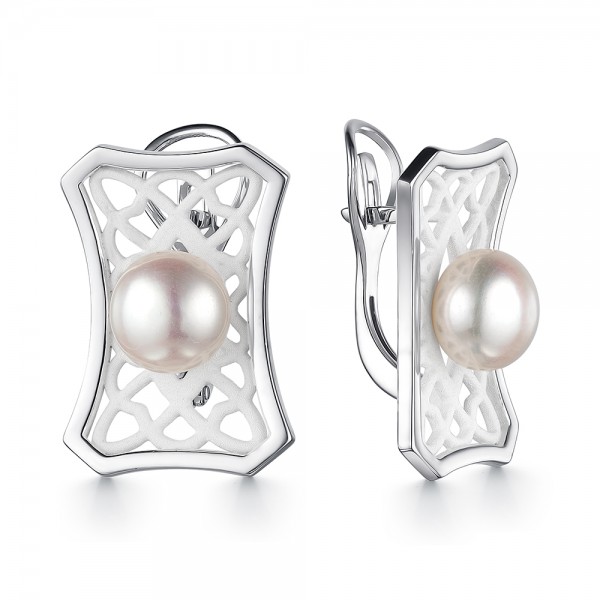 Серьги из серебра с камнем Жемчуг, вставками эмали фото, цены