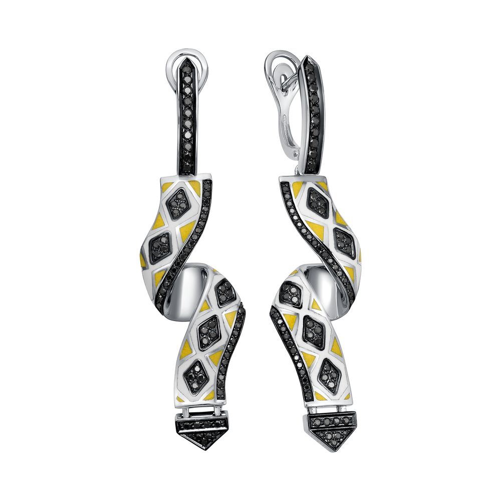 Серьги из серебра с камнем Бриллиант, вставками эмали фото, цены