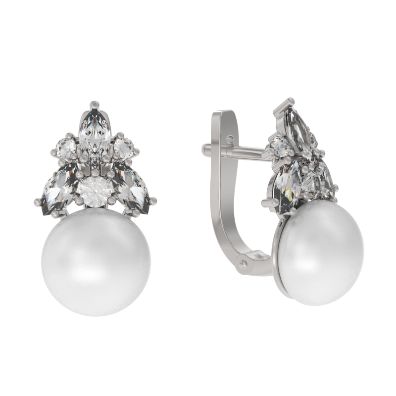 Серьги из серебра с камнем Жемчуг, Фианит фото, цены