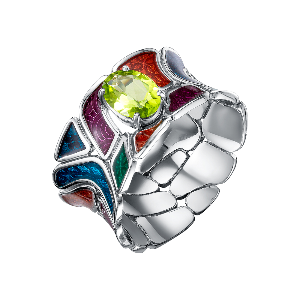 Кольцо из серебра с камнем Хризолит, вставками эмали фото, цены