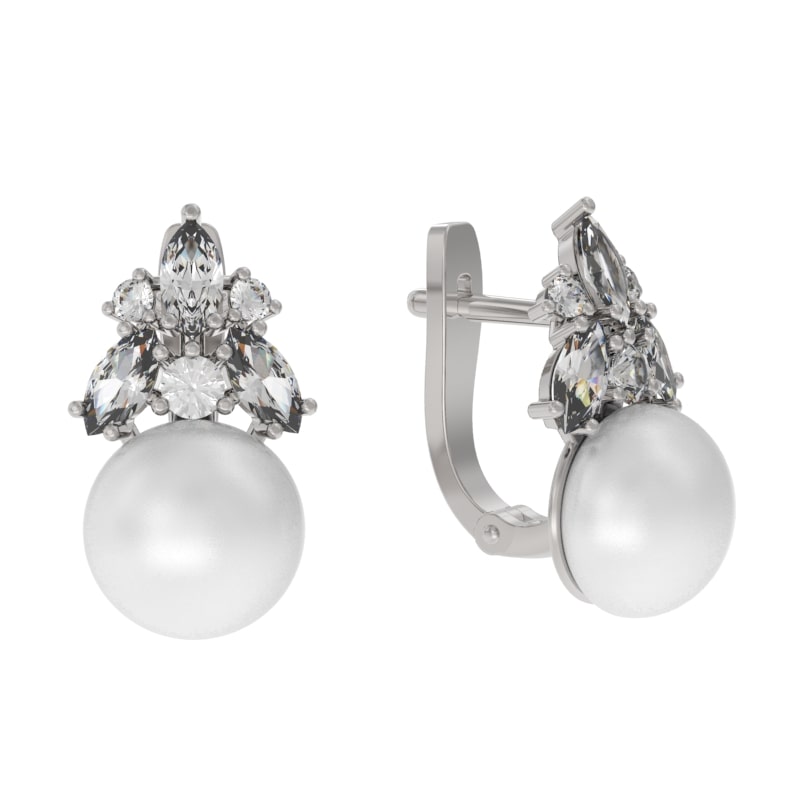 Серьги из серебра с камнем Жемчуг, Фианит фото, цены