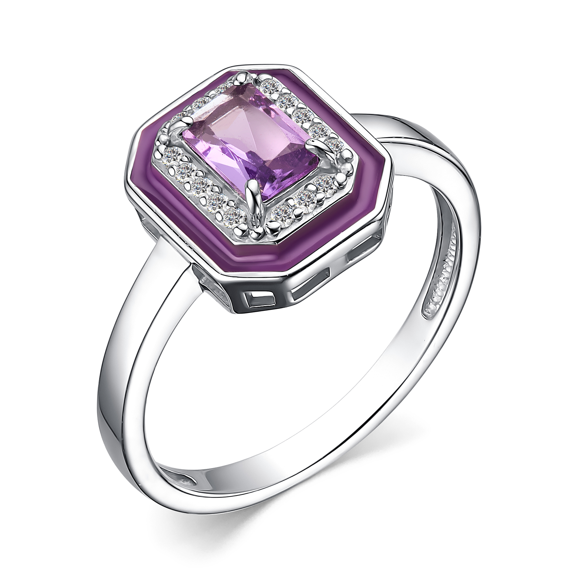 Кольцо из серебра с камнем аметист, Фианит, вставками эмали фото, цены
