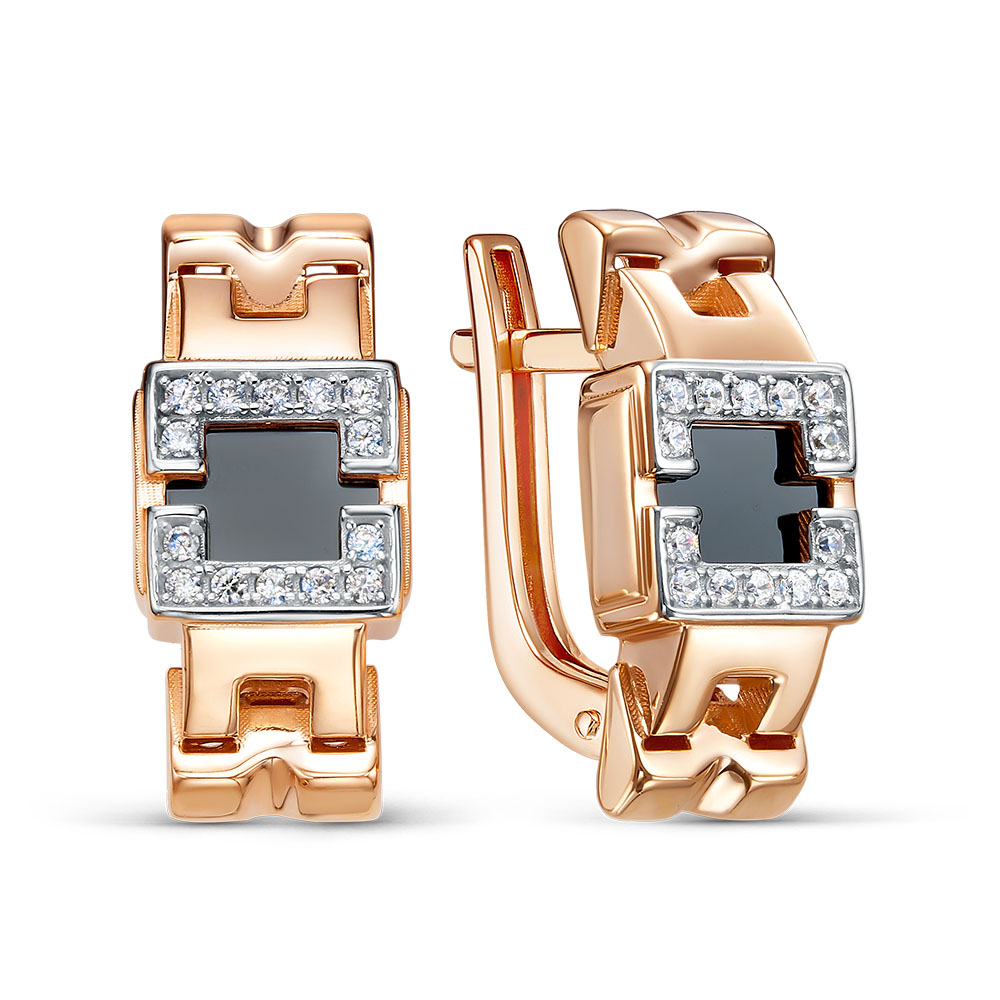 Серьги из золота с камнем Фианит, Оникс фото, цены