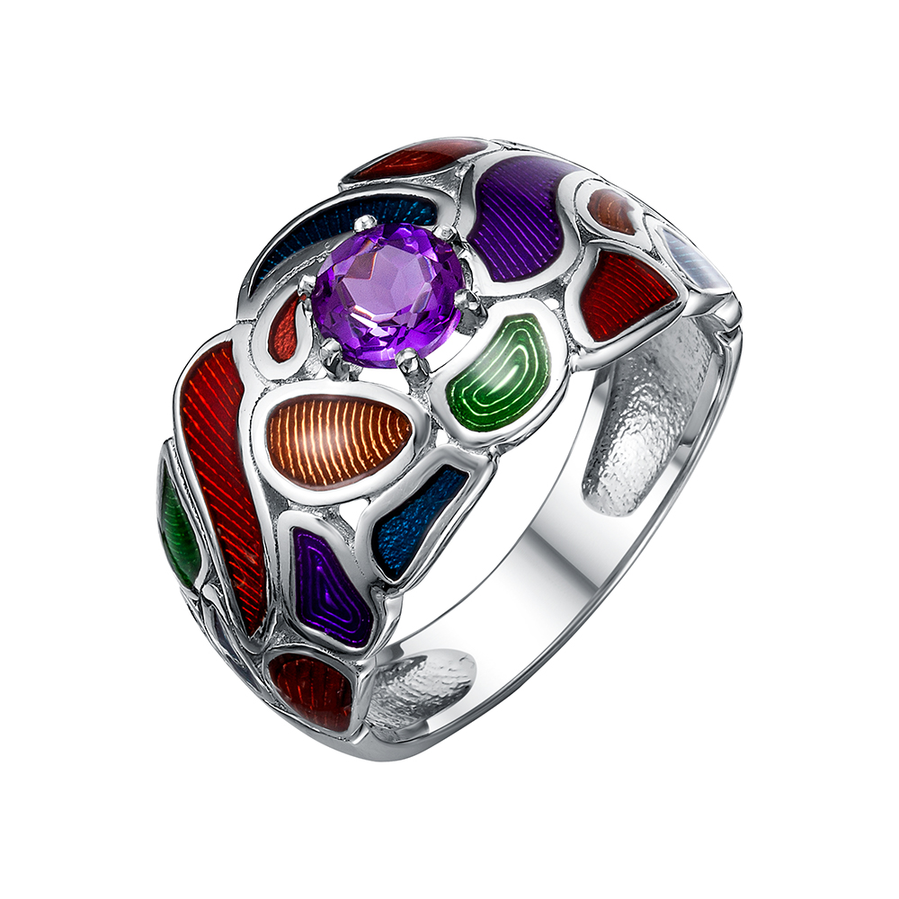 Кольцо из серебра с камнем аметист, вставками эмали фото, цены
