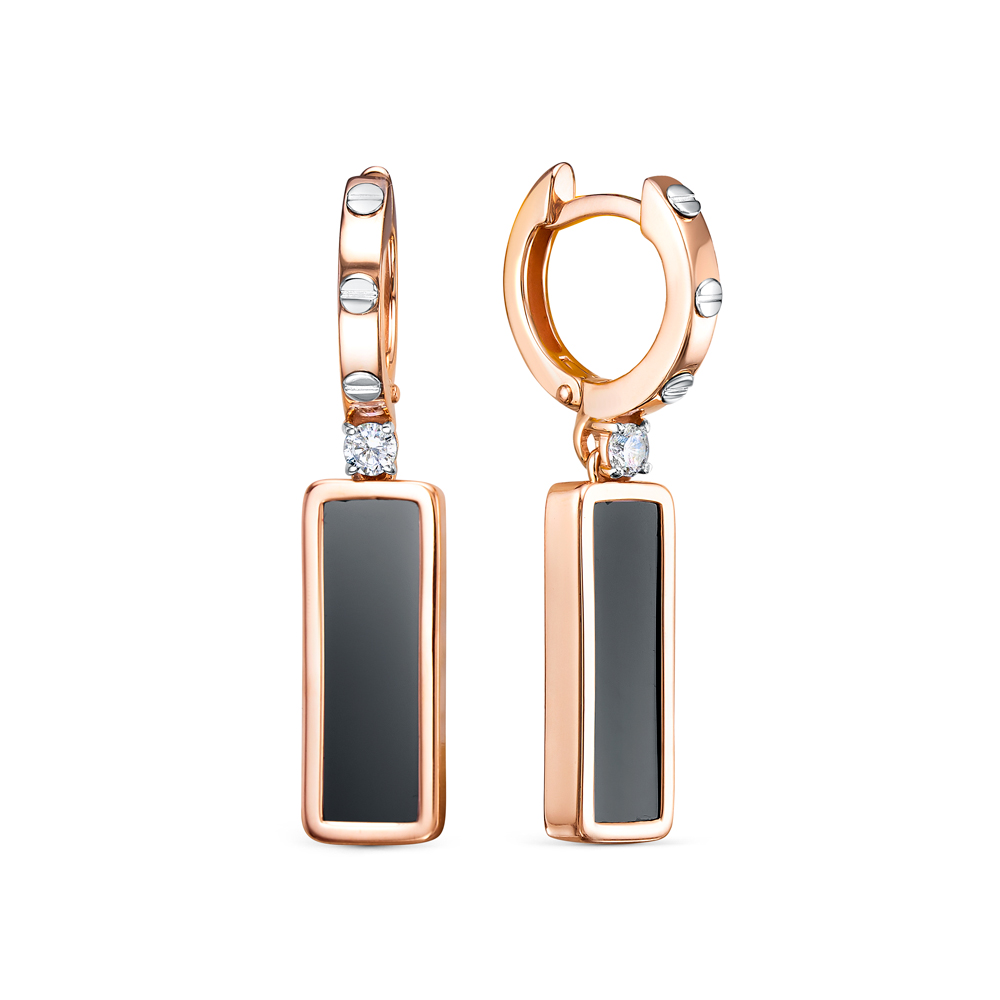 Серьги из золота с камнем Фианит, Оникс фото, цены