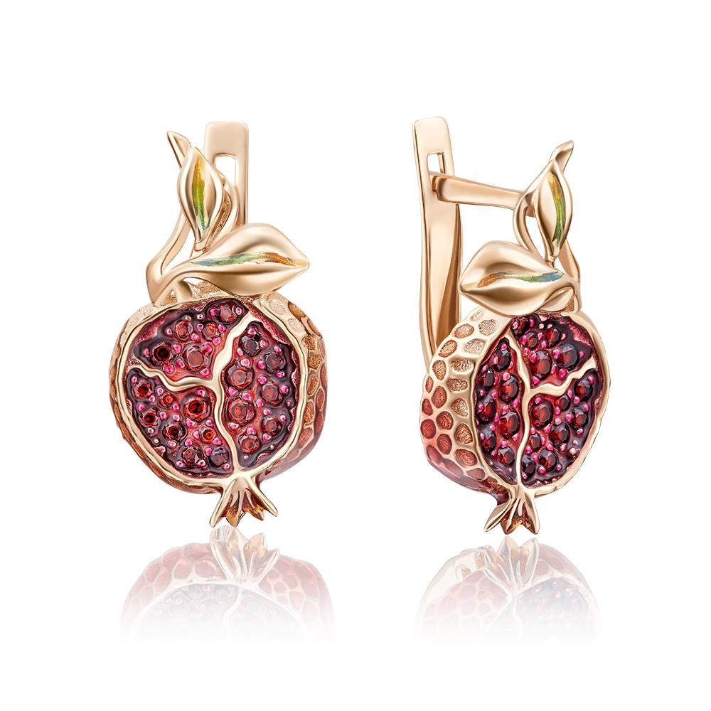 Серьги из золота с камнем Гранат, вставками эмали фото, цены