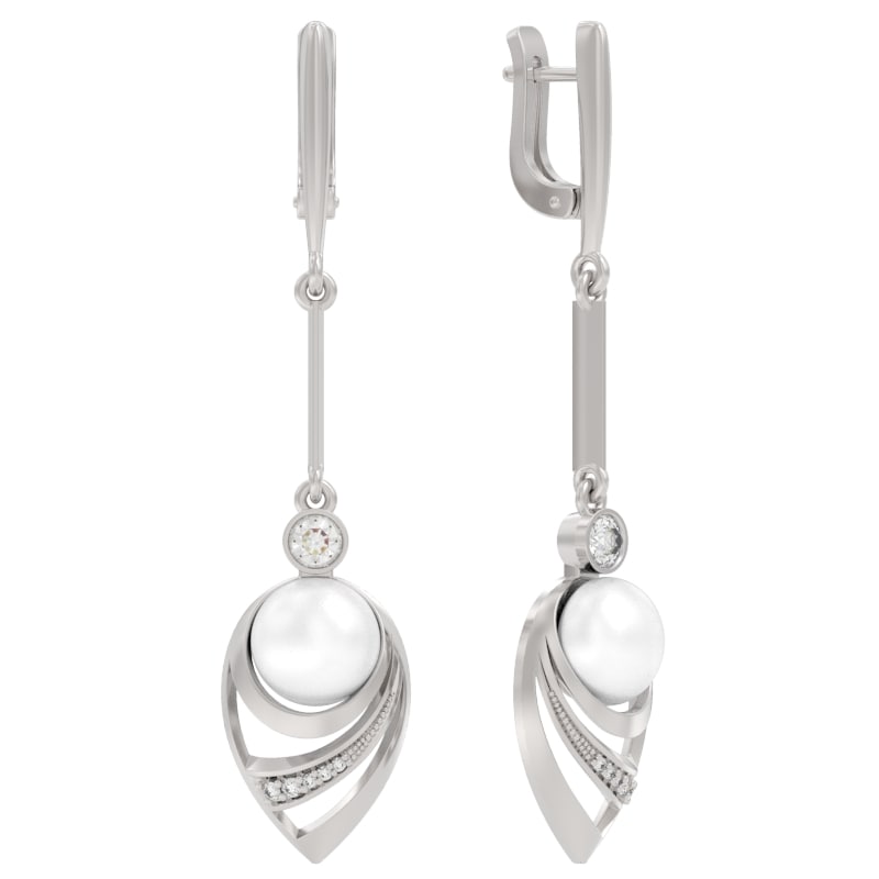 Серьги из серебра с камнем Жемчуг, Фианит фото, цены