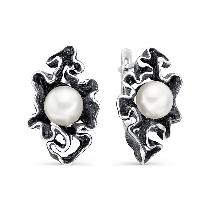 Серьги из серебра с камнем Жемчуг, вставками эмали фото, цены