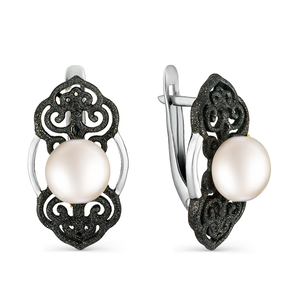 Серьги из серебра с камнем Жемчуг, вставками эмали фото, цены