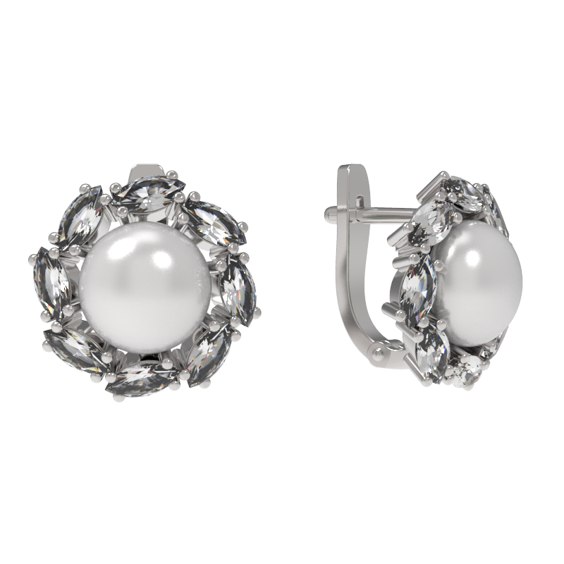 Серьги из серебра с камнем Жемчуг, Фианит фото, цены