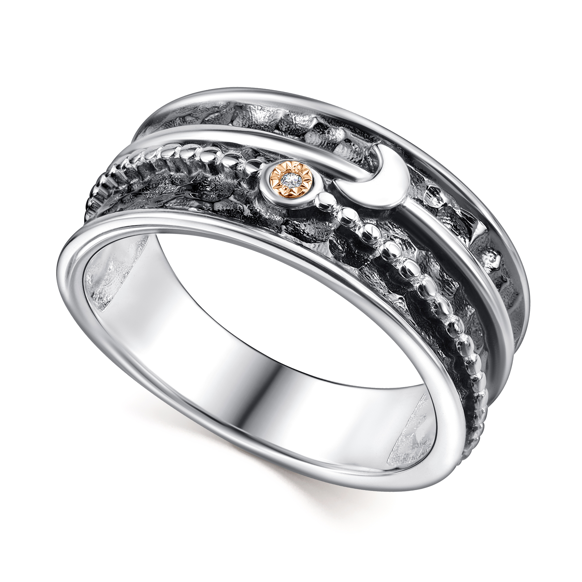 Кольцо из серебра с камнем Бриллиант, вставками золота фото, цены