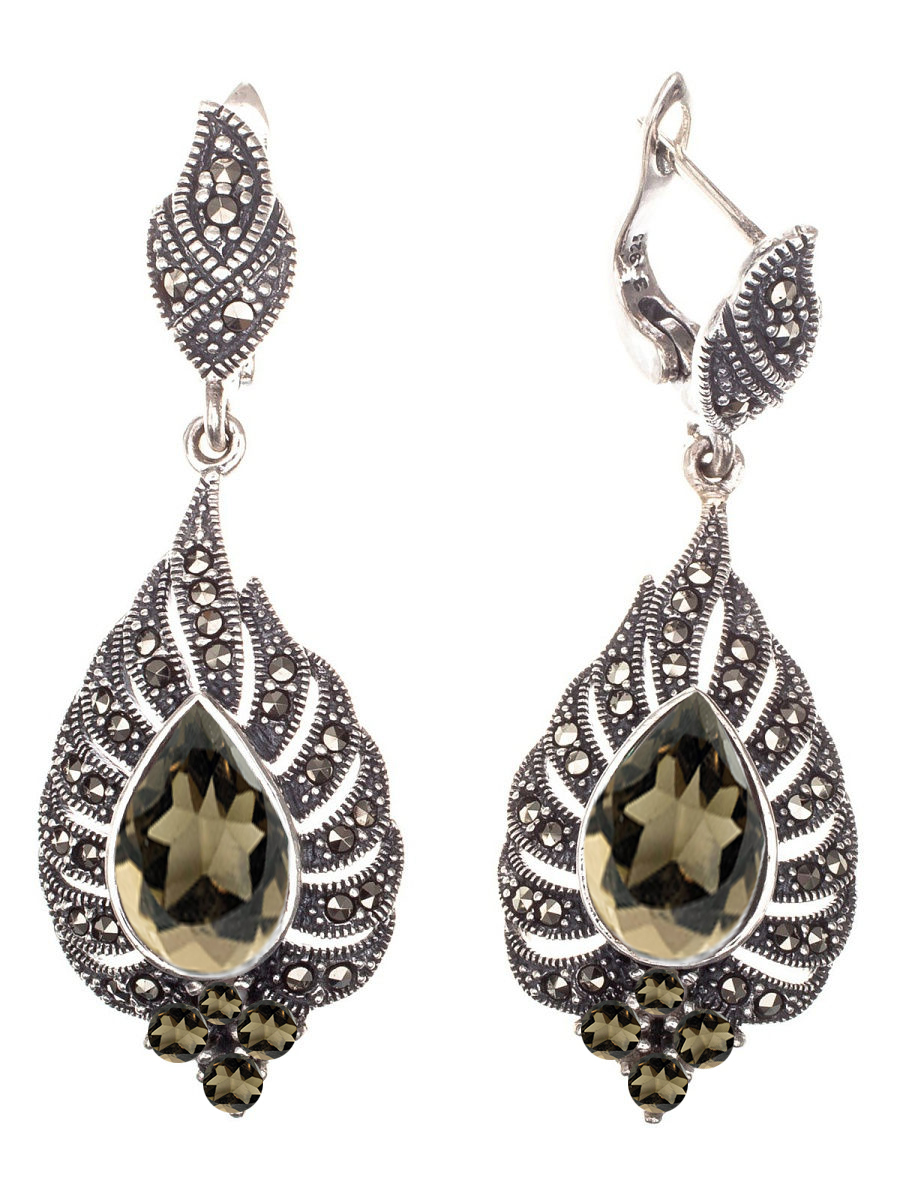 Серьги из серебра с камнем Раух-топаз, Марказит фото, цены