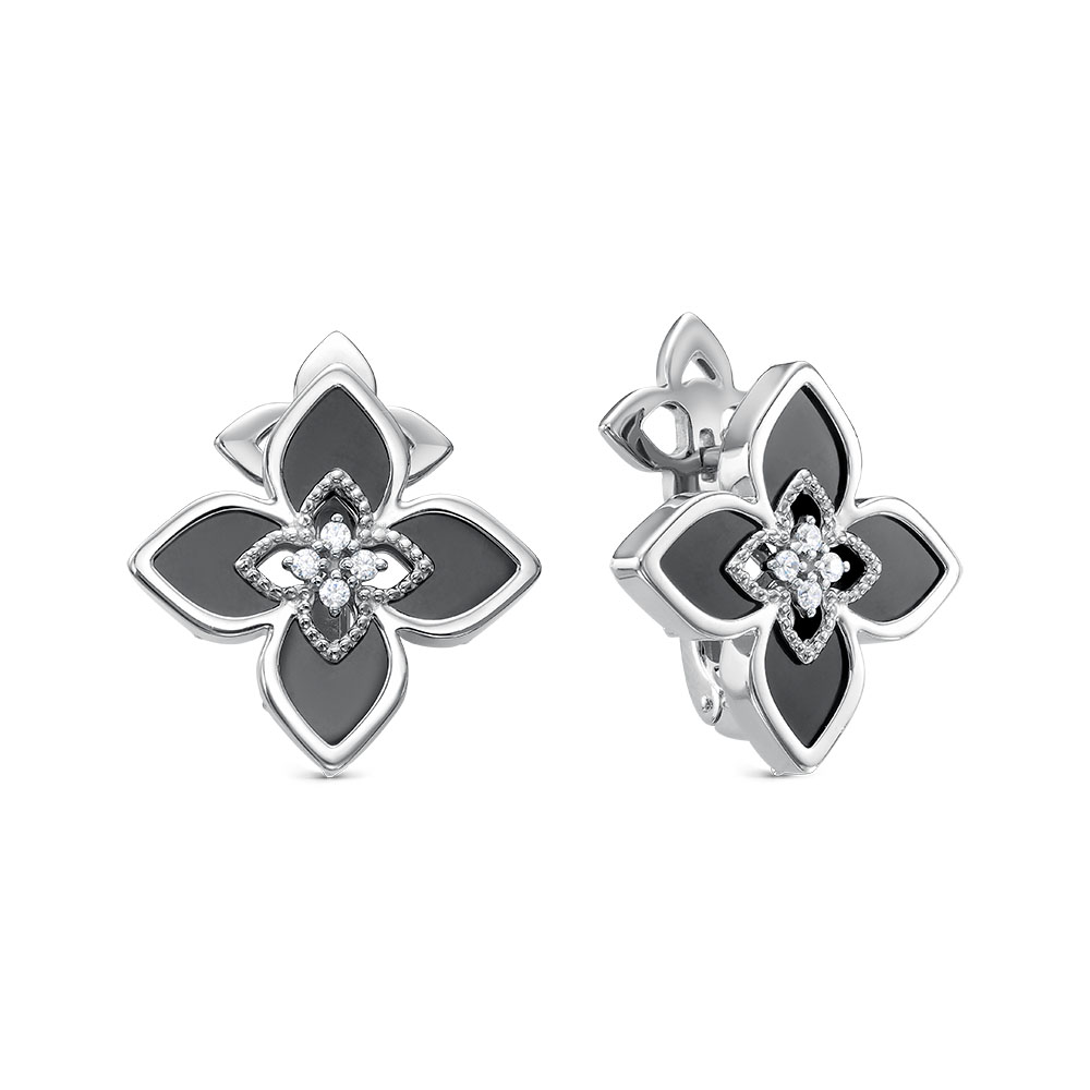 Серьги из серебра с камнем Фианит, Оникс фото, цены