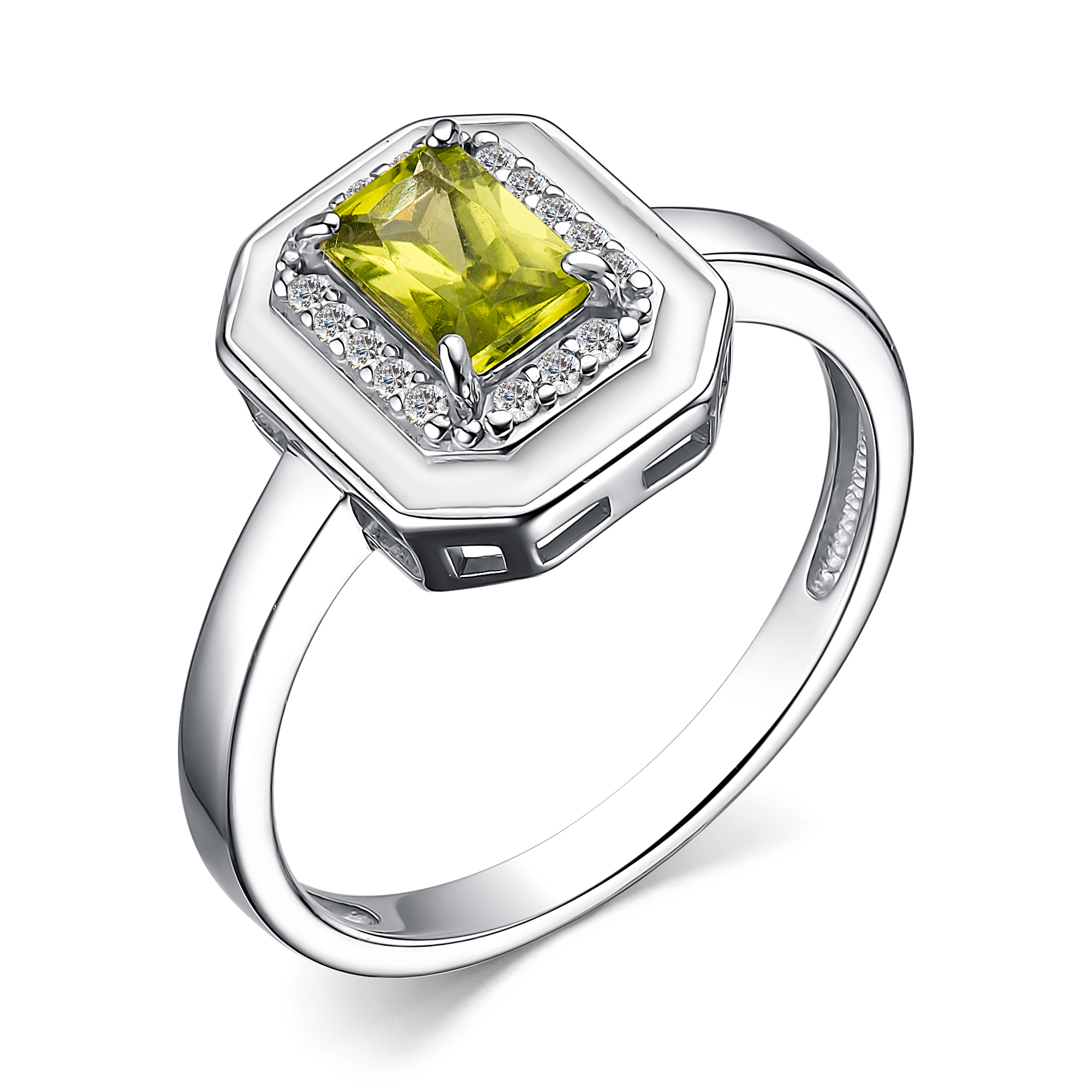 Кольцо из серебра с камнем Хризолит, Фианит, вставками эмали фото, цены