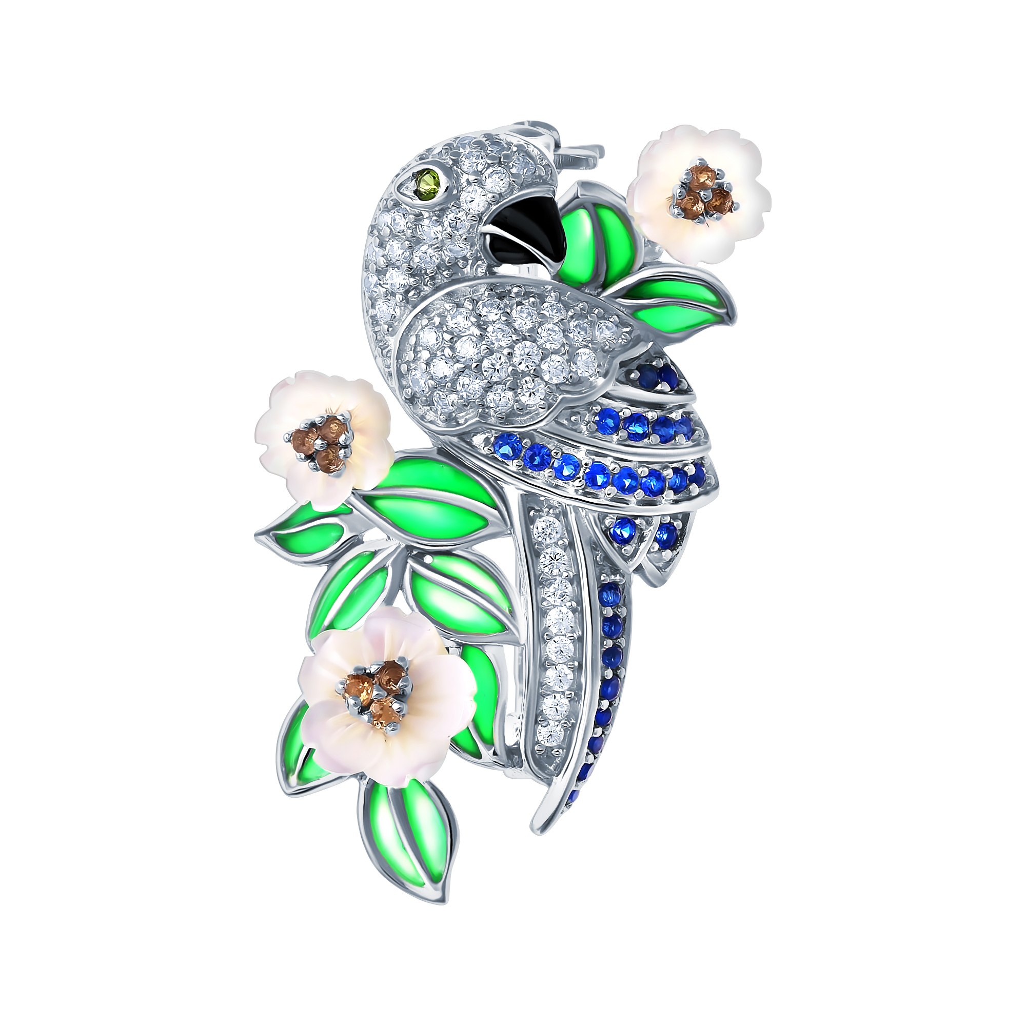 Брошь из серебра с камнем Цитрин, вставками эмали, Перламутр, Диопсид фото, цены