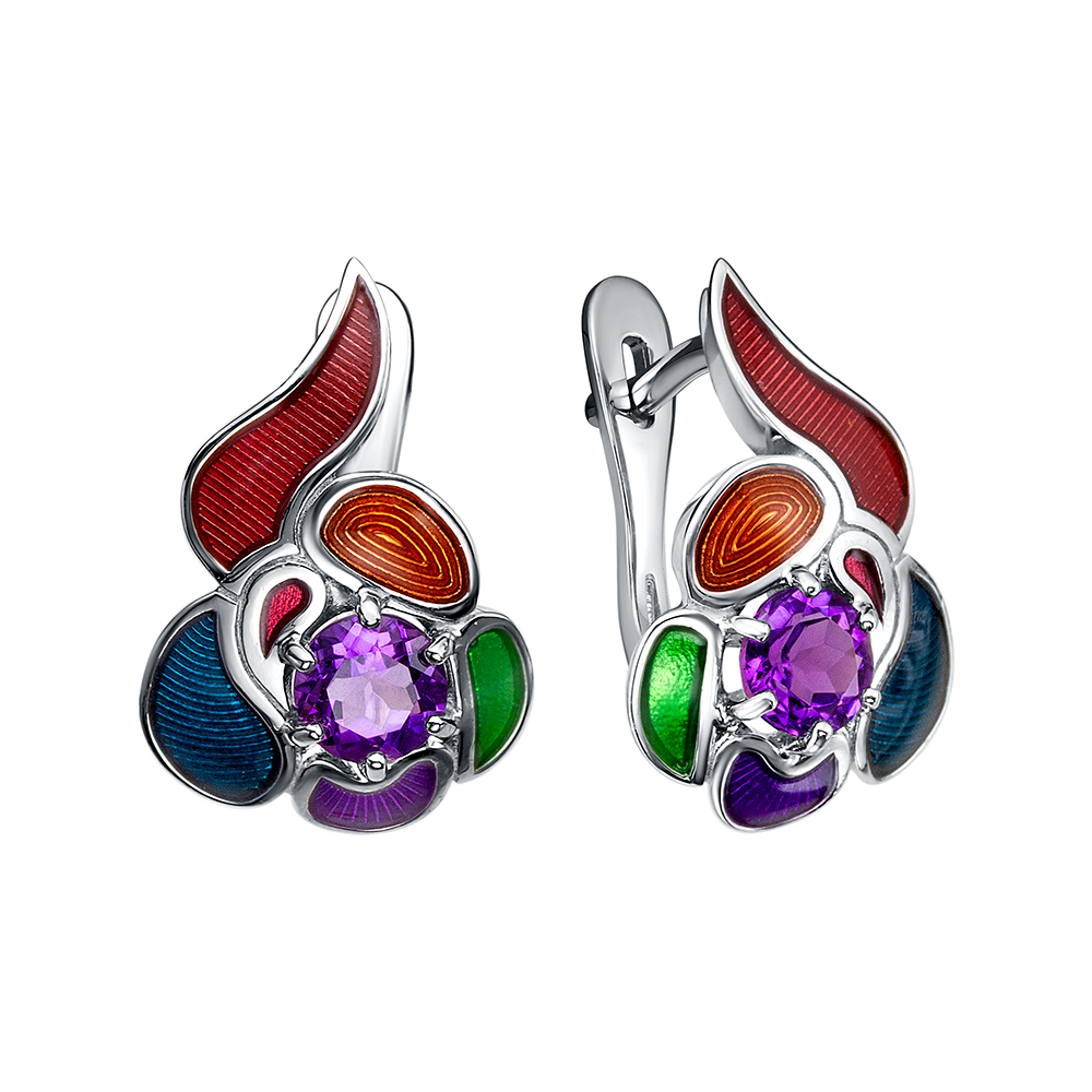 Серьги из серебра с камнем аметист, вставками эмали фото, цены