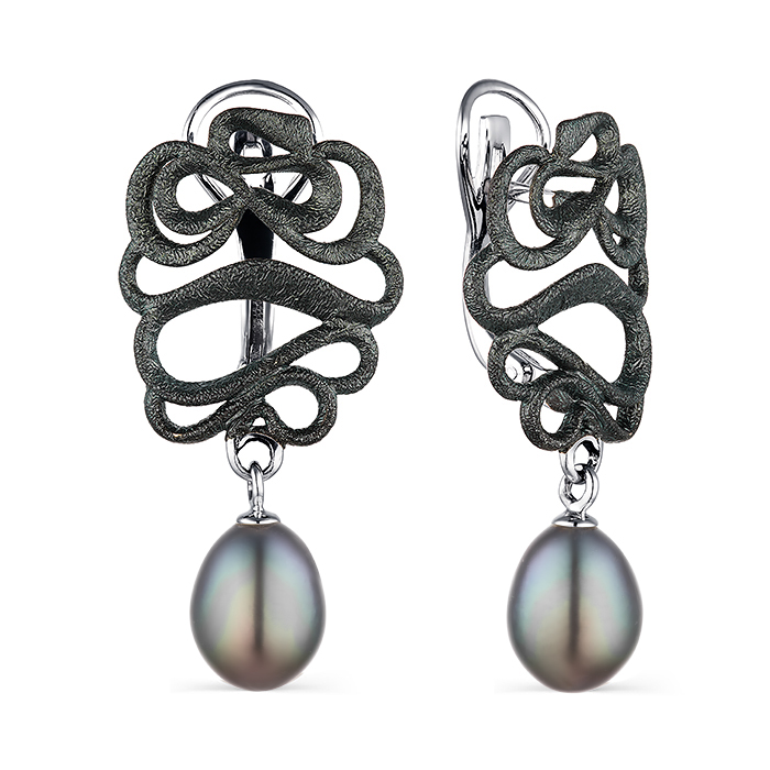 Серьги из серебра с камнем Жемчуг, вставками эмали фото, цены