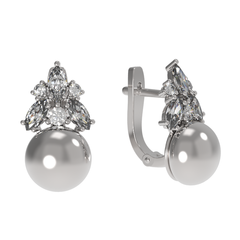 Серьги из серебра с камнем Жемчуг, Фианит фото, цены