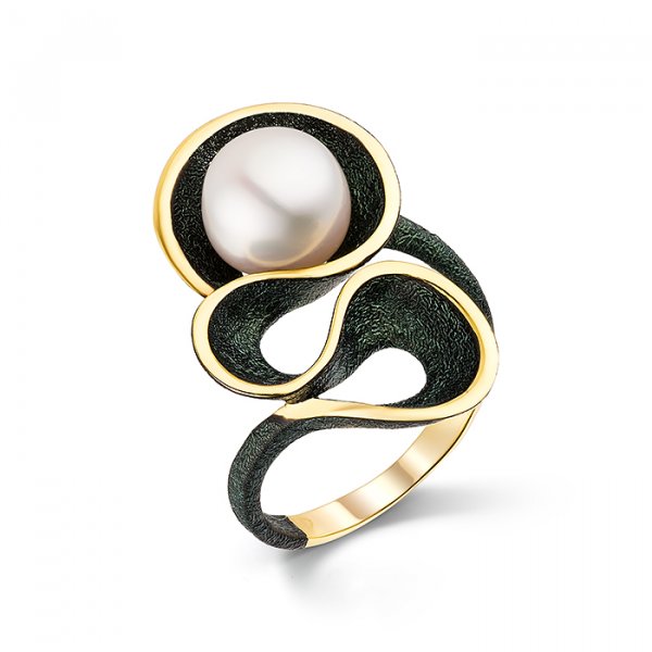 Кольцо из серебра с камнем Жемчуг, вставками эмали фото, цены