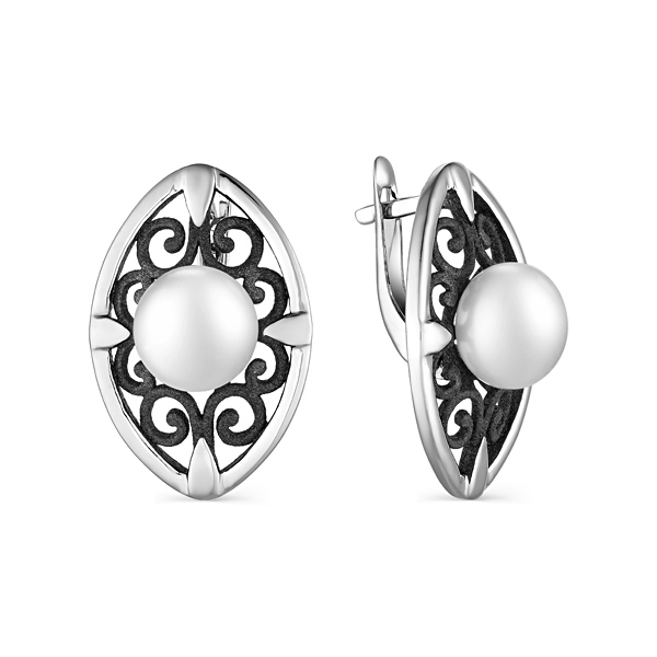 Серьги из серебра с камнем Жемчуг, вставками эмали фото, цены